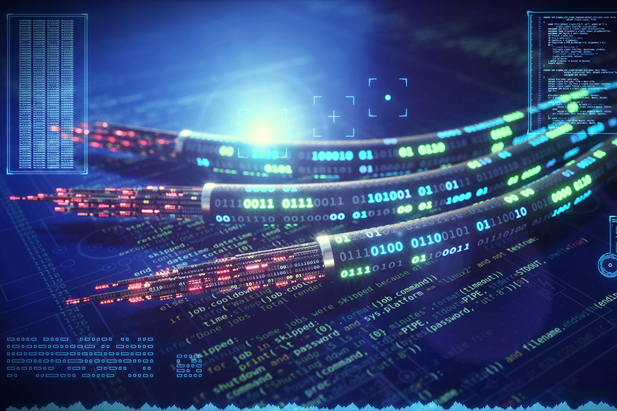 An abstract 3D design of fiber optic cables lying on a surface. The surface contains source code of a program, while the image is overlaid with various widgets containing bits of information. The image represents a generalized IT concept pertaining to computing, data manipulation and data transmission.